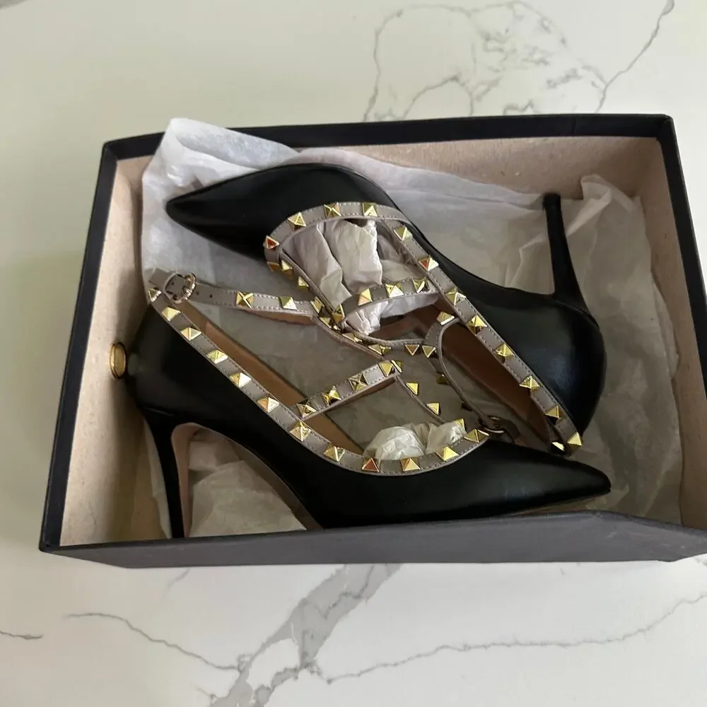 vinci Napa Siyah leather studded pointed heels Size 38 NEW